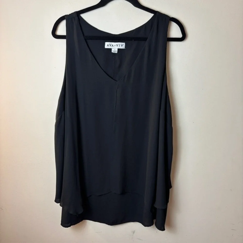 Womens 2X Ava & Viv Tank Top Black V Neck Light Weight Sheer Layered Pullover‎